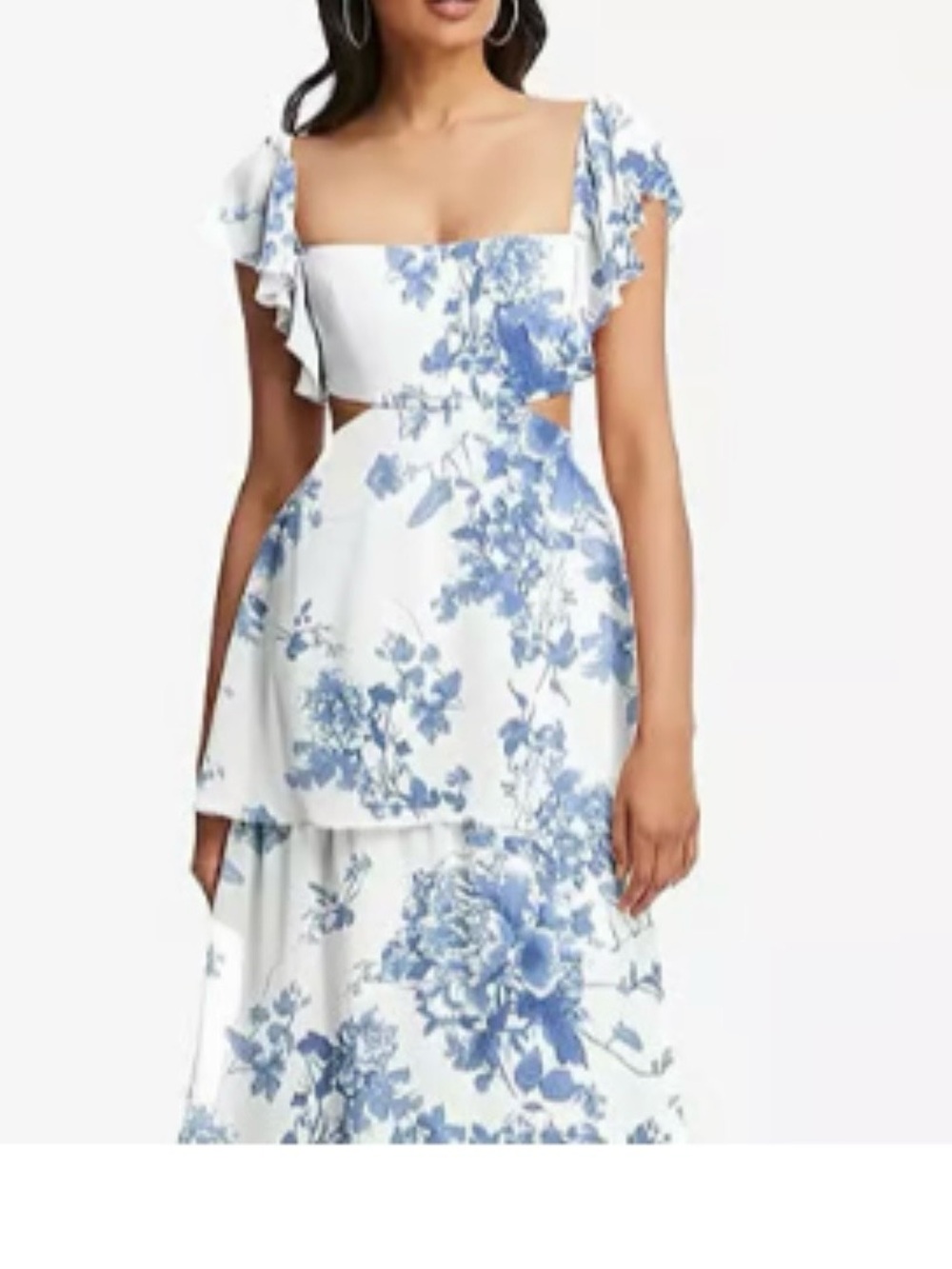 Dessy Collection Blue and White Floral Maxi Dress with Side Cutouts